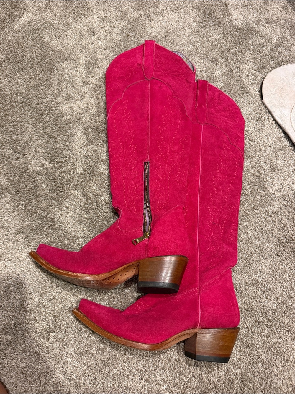 Rockem-Women's Hot Pink Suede Western Knee-High Boots